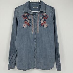 Orvis Shirt Womens Large Blue Denim Floral Embroidered Button Down Long Sleeve